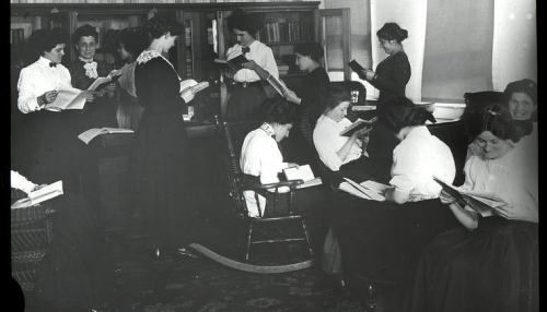 New York Public Library Archives, "Women reading, April 30, 1910, Siegel-Cooper Company." The New York Public Library Digital Collections. 1910